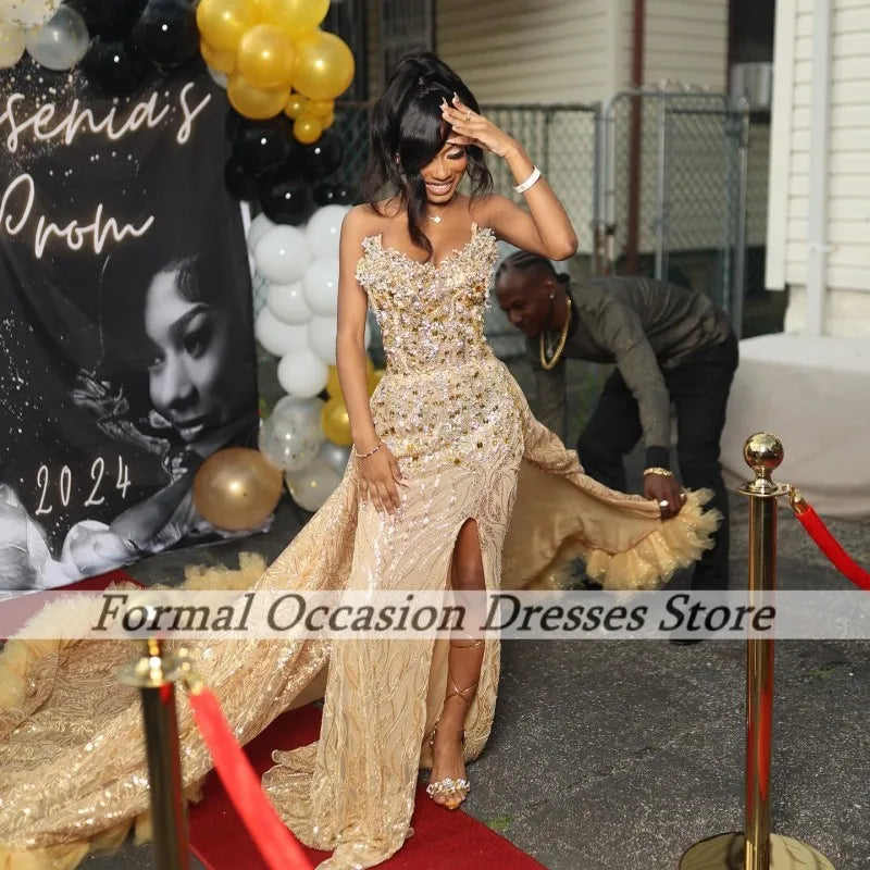 Luxurious Black Girls Prom Dresses With Detachable Train Sequin Crystal Party Gowns Satin Evening Dress Sweetheart Customized