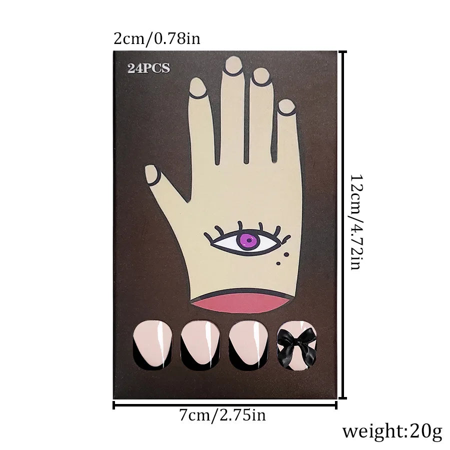 24pcs Press on Nails Short Almond Bowknot Black Press on Nails White Pearl Sweet French Tip Press on Nails Cute Nail Artificial