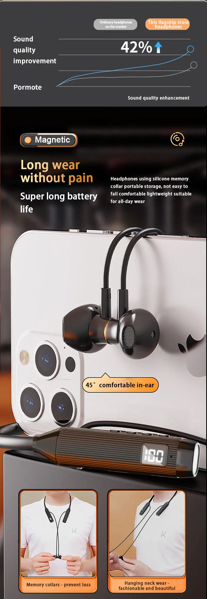 NEWMSNR Super Power Stereo Sound Wireless Headphones Bluetooth Earphones Neckband Magnetic Earbud LED Sports Headset with HD Mic