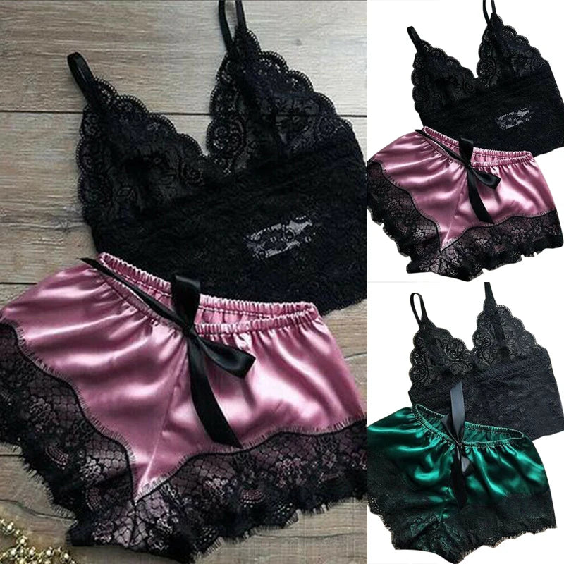 Women Pajama Suit Fashion V-Neck Stretch Satin Babydoll Lace Sexy Lingerie Bowknot Pyjamas Sleep Shorts Set Sleepwear New