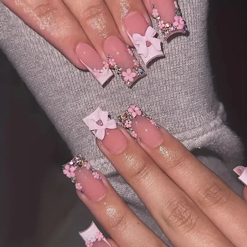 24pcs Press on Nails Short Almond Bowknot Black Press on Nails White Pearl Sweet French Tip Press on Nails Cute Nail Artificial