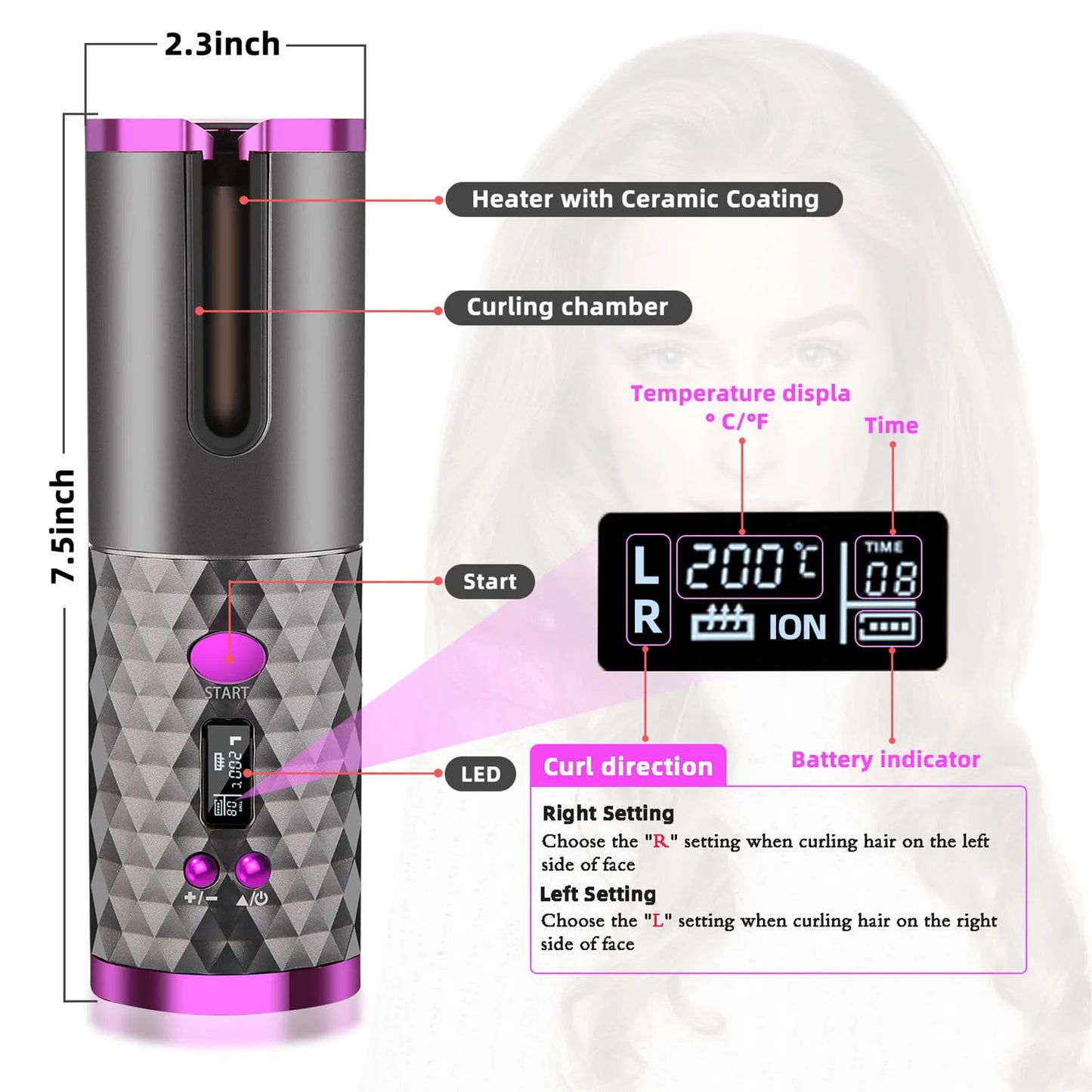 Cordless Auto Hair Curler, Curling Iron With LCD Display And Adjustable Temperature, Portable USB Rechargeable Hair Curler