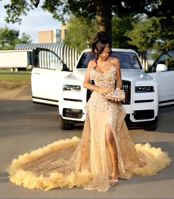 Luxury Lace Mermaid Prom Dress Sparkly Beads Crystal Ruffles Customized Evening Party Gown Sexy Side Slit Robe De Soiree