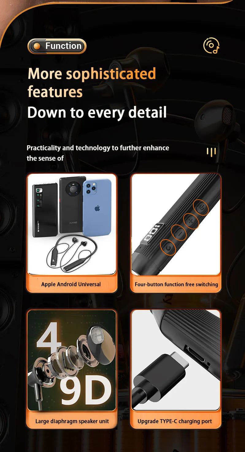 NEWMSNR Super Power Stereo Sound Wireless Headphones Bluetooth Earphones Neckband Magnetic Earbud LED Sports Headset with HD Mic