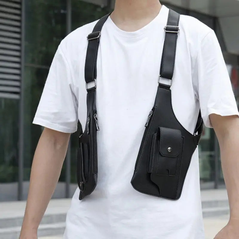 Retro Double Shoulder Strap Multi-pocket Outdoor Anti-theft Tactical Bag Men Crossbody Bags PU Waterproof Phone Bag Chest Bags