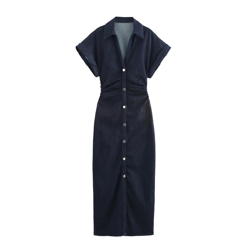 XNWMNZ 2025 Summer Female Party Dresses Midi Skirt Commuting Woman Short Sleeve Top Ruffles Regular Fit Turn-down Collar Dress