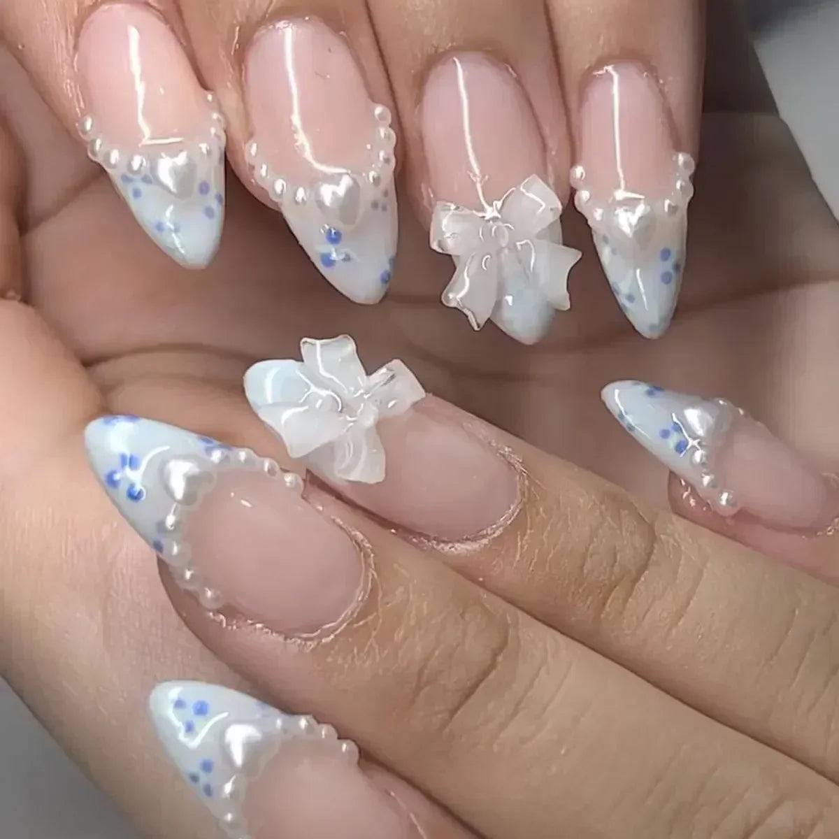 24pcs Press on Nails Short Almond Bowknot Black Press on Nails White Pearl Sweet French Tip Press on Nails Cute Nail Artificial