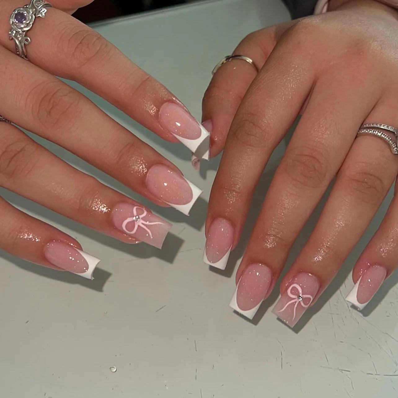 24Pcs Pink French Style Fake Nails 3D Bowknot Designs Short Square Press on Nails Sweet Korean Fashion False Nail for Women Girl
