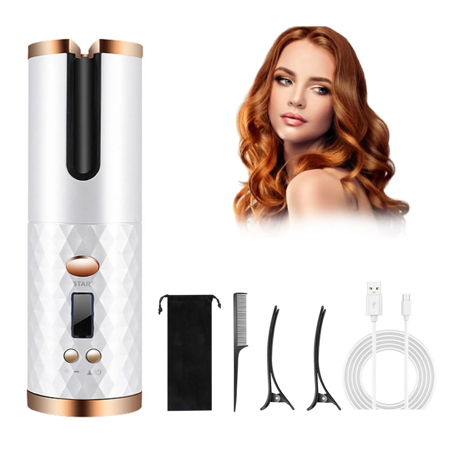Cordless Auto Hair Curler, Curling Iron With LCD Display And Adjustable Temperature, Portable USB Rechargeable Hair Curler