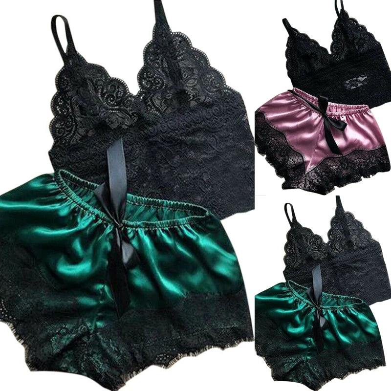 Women Pajama Suit Fashion V-Neck Stretch Satin Babydoll Lace Sexy Lingerie Bowknot Pyjamas Sleep Shorts Set Sleepwear New