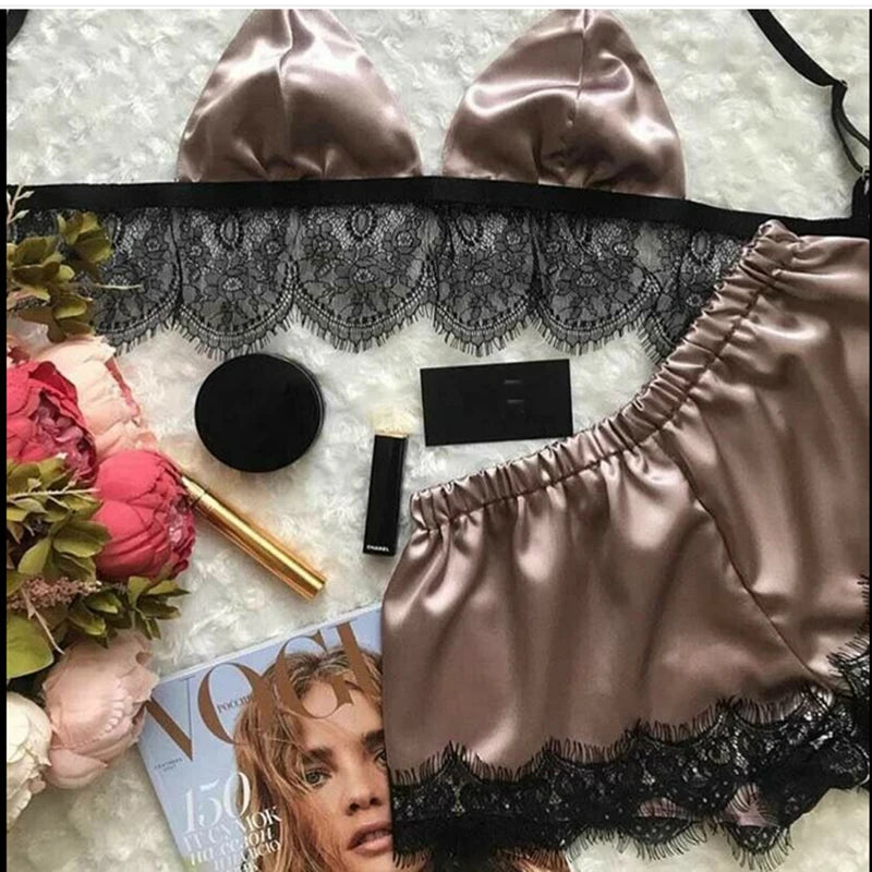 Women Pajama Suit Fashion V-Neck Stretch Satin Babydoll Lace Sexy Lingerie Bowknot Pyjamas Sleep Shorts Set Sleepwear New
