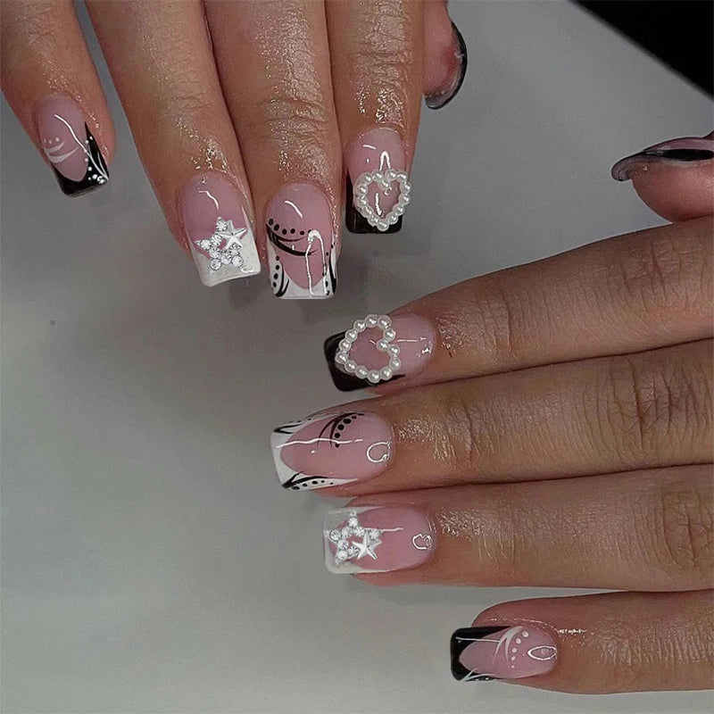 24pcs Press on Nails Short Almond Bowknot Black Press on Nails White Pearl Sweet French Tip Press on Nails Cute Nail Artificial