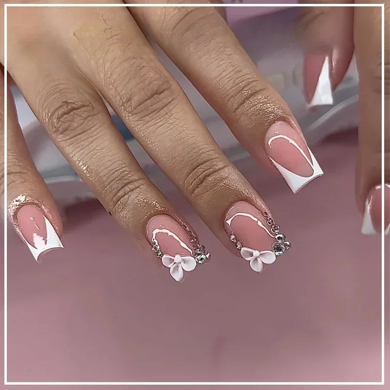 24pcs Press on Nails Short Almond Bowknot Black Press on Nails White Pearl Sweet French Tip Press on Nails Cute Nail Artificial