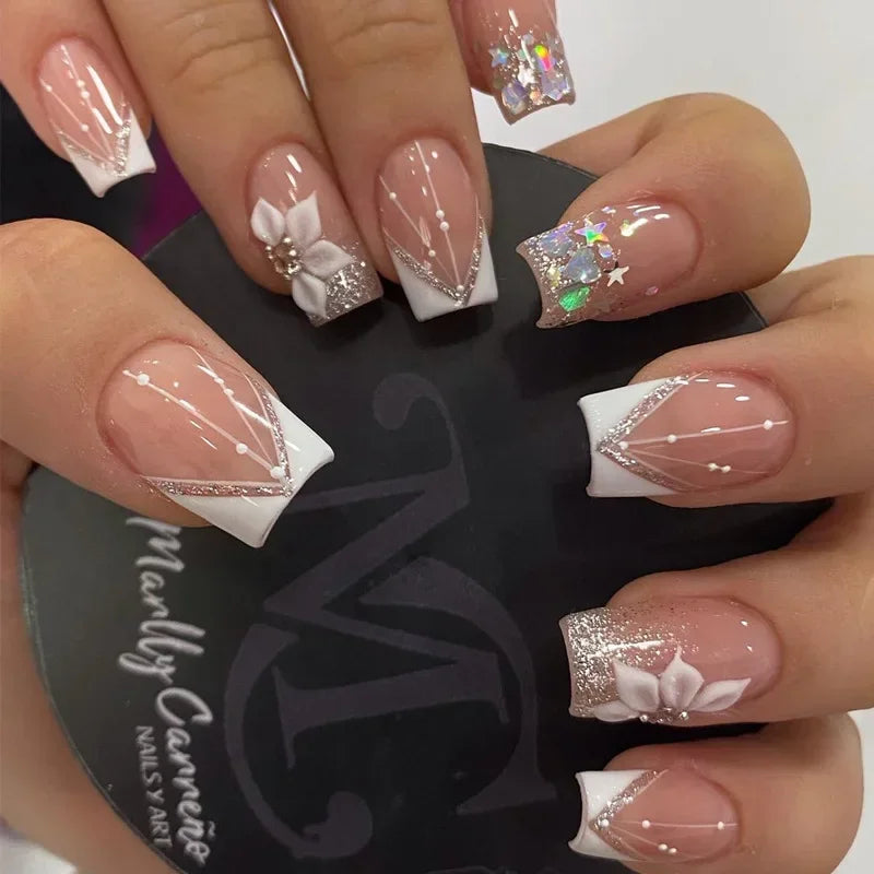 24pcs Press on Nails Short Almond Bowknot Black Press on Nails White Pearl Sweet French Tip Press on Nails Cute Nail Artificial