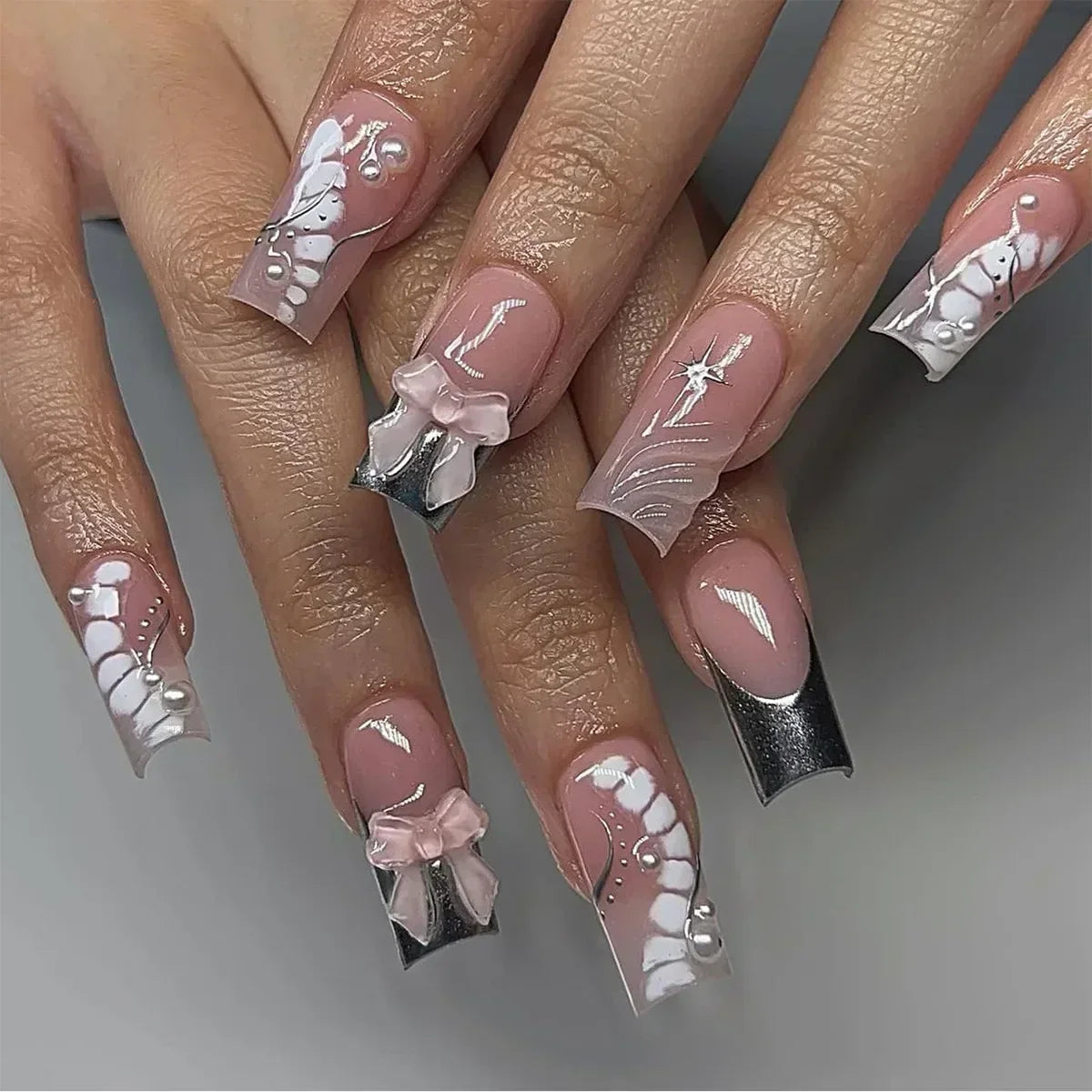 24pcs Press on Nails Short Almond Bowknot Black Press on Nails White Pearl Sweet French Tip Press on Nails Cute Nail Artificial