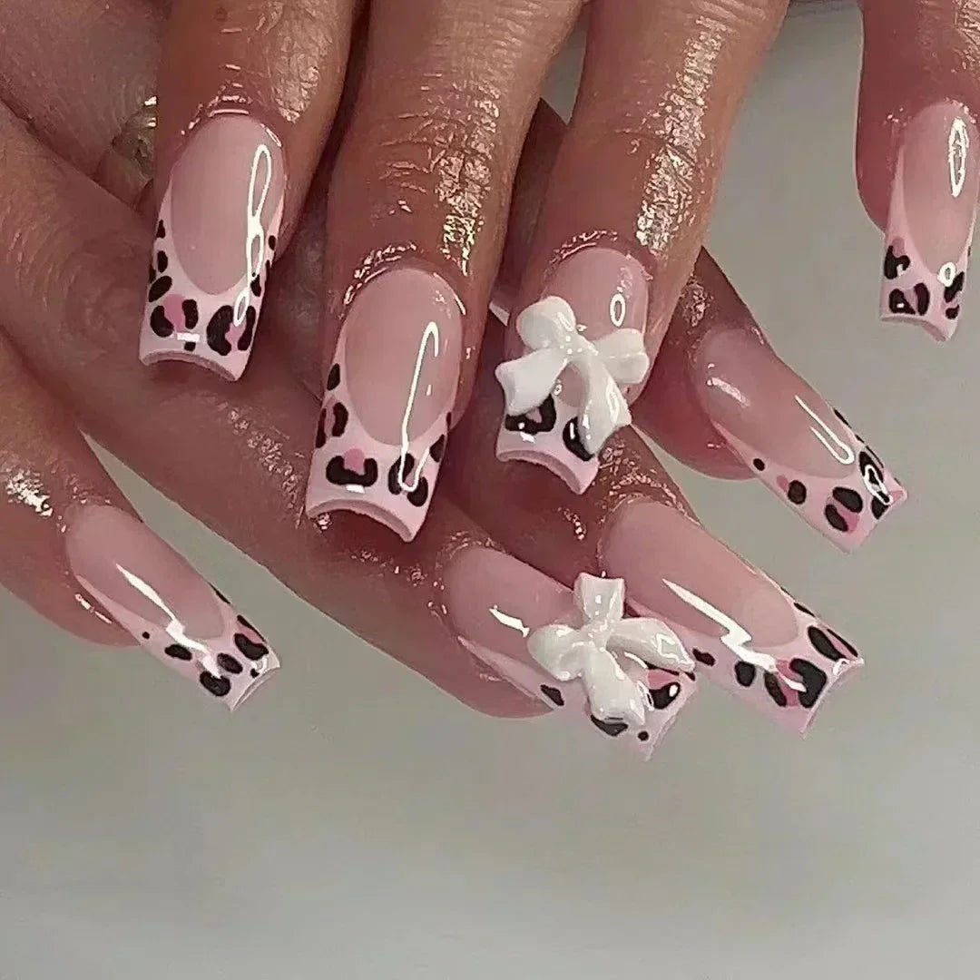 24pcs Press on Nails Short Almond Bowknot Black Press on Nails White Pearl Sweet French Tip Press on Nails Cute Nail Artificial