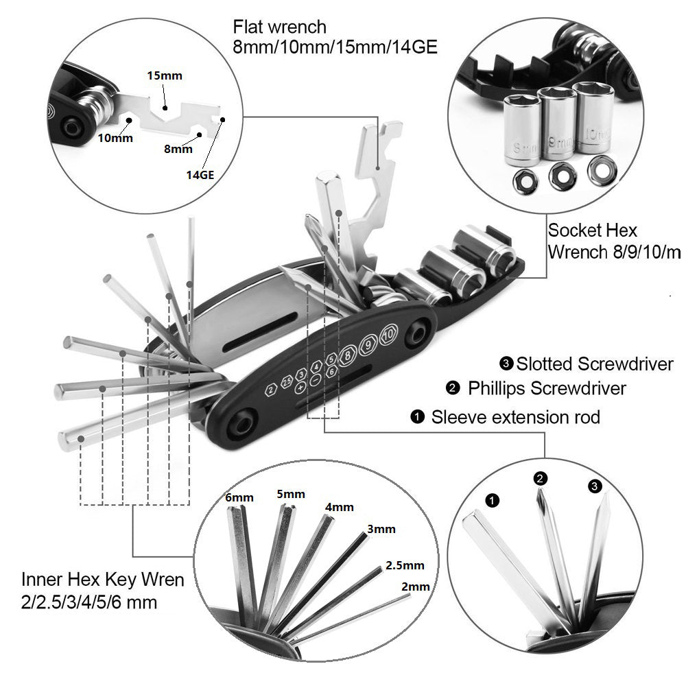 16-in-1 High-Carbon Steel Mountain Bike Repair Tool Kit - Essential Tools for Quick and Easy Bike Maintenance