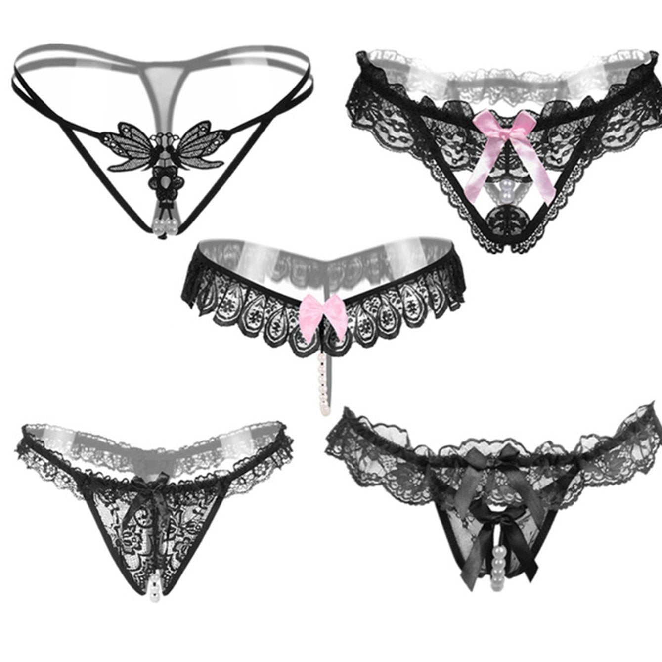 [5 pack] Women's Sexy Lace Thongs & G-strings - Sheer & Skimpy Black Lace Trim Panties for Intimate Moments and Comfortable Wear - Perfect Lingerie and Underwear for Any Occasion
