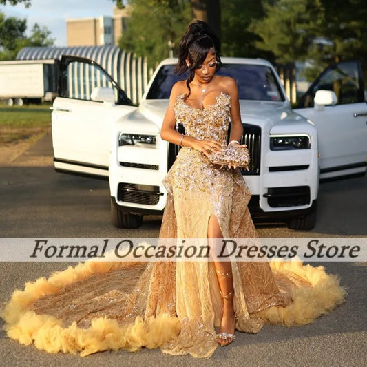 Luxurious Black Girls Prom Dresses With Detachable Train Sequin Crystal Party Gowns Satin Evening Dress Sweetheart Customized