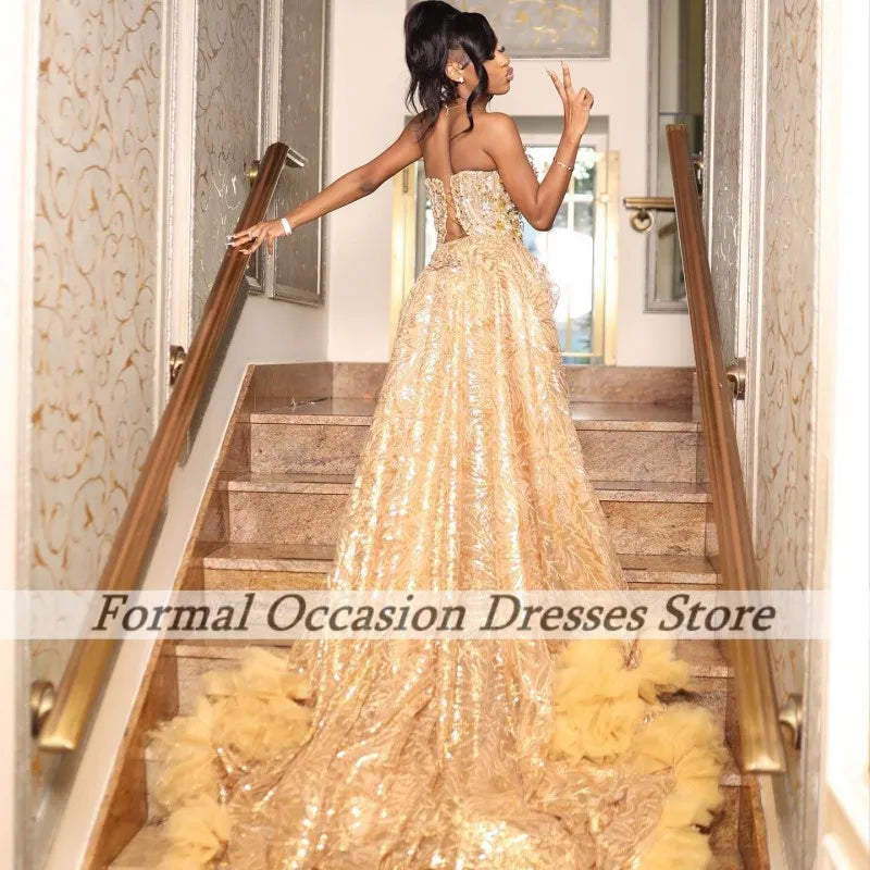 Luxurious Black Girls Prom Dresses With Detachable Train Sequin Crystal Party Gowns Satin Evening Dress Sweetheart Customized