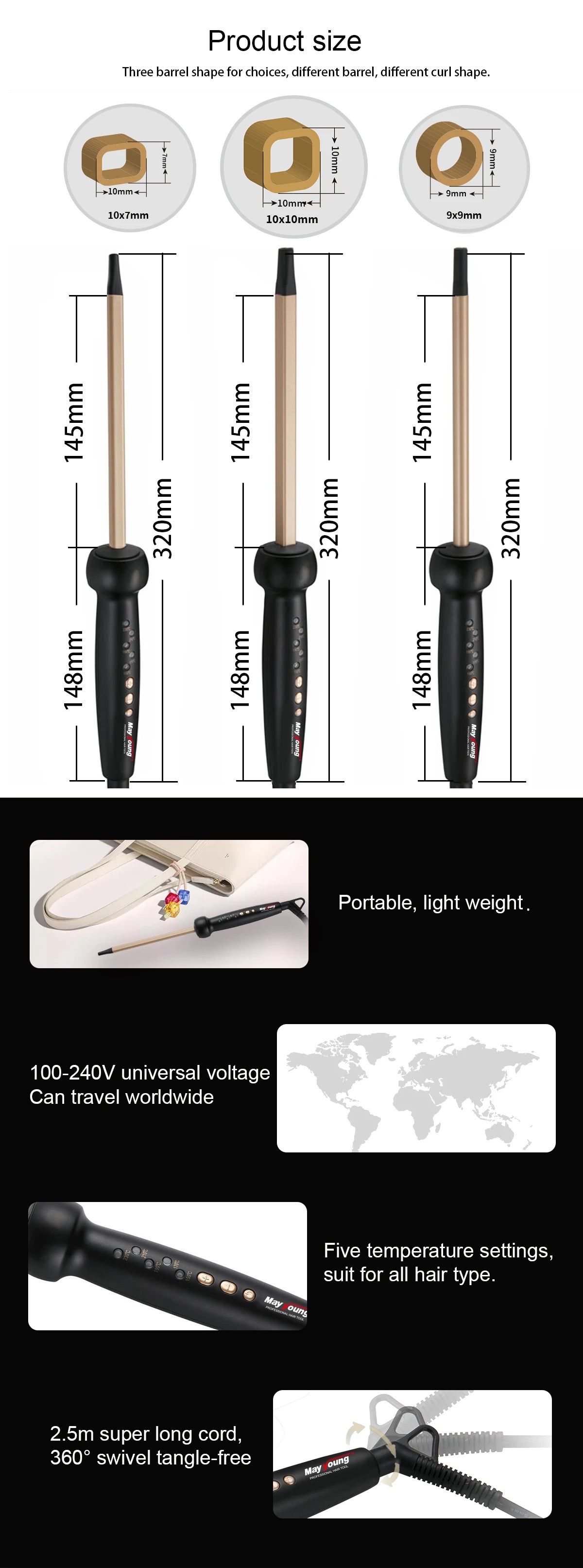 9mm Super Slim MCH Tight Curls  Chopstick Wand Ringlet Afro Hair Curler Curling Iron