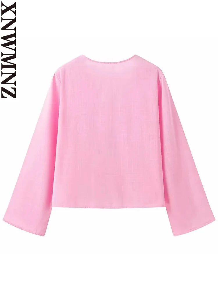 XNWMNZ 2024 Women's Fashion Tie Shirt Women High Street V-neck Long sleeved Casual Versatile Female Chic Top