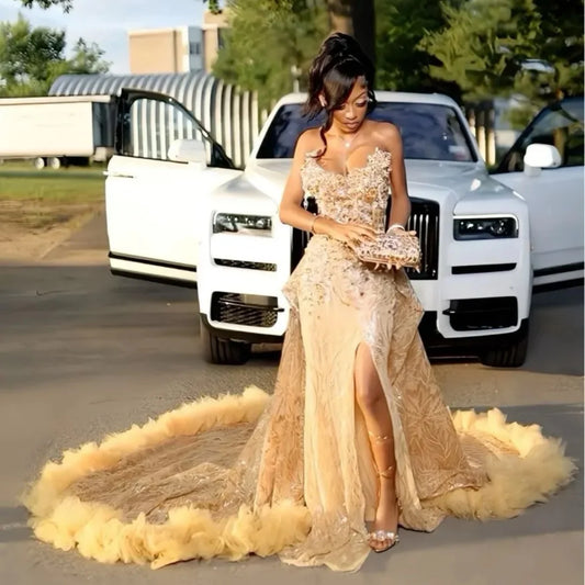 Luxury Lace Mermaid Prom Dress Sparkly Beads Crystal Ruffles Customized Evening Party Gown Sexy Side Slit Robe De Soiree