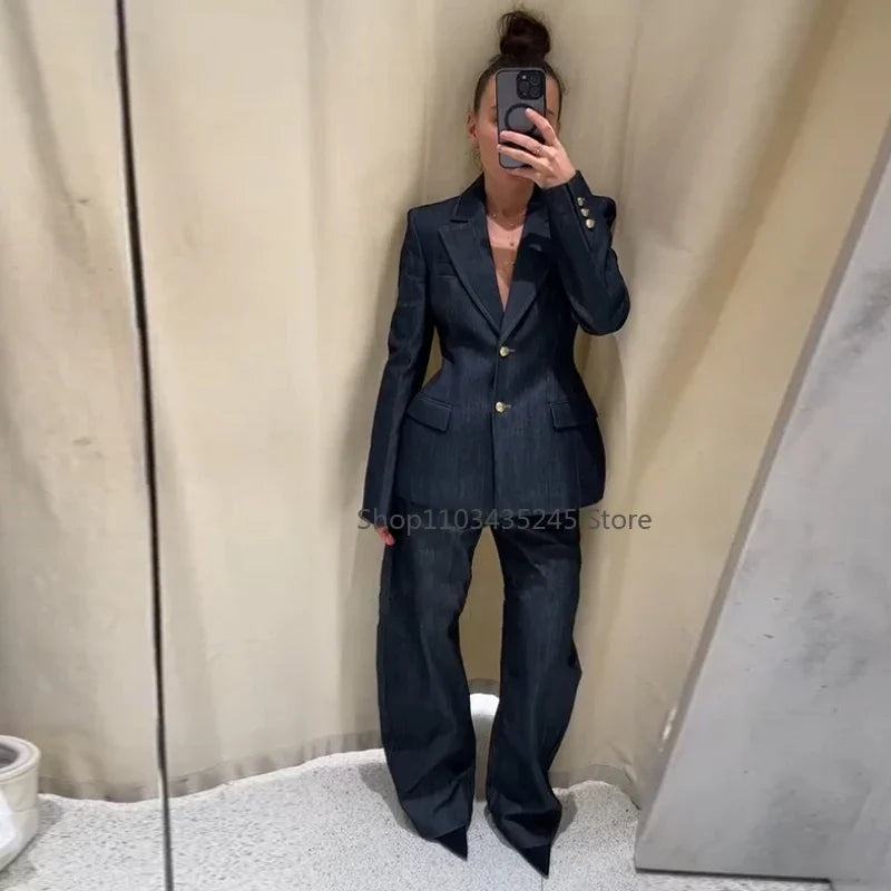 Vintage Denim Pant Sets 3 Pieces For Women Cinched Waist Blazer Strapless Vests Straight Trousers 2025 Jeans High Street Outfits