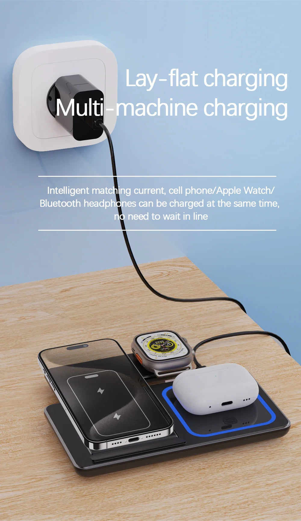 30W LED Fast Wireless Charger Stand 3 in 1 Foldable Charging Station For iPhone 15 14 13 12 11 Apple Watch 9 8 7 6 5 Airpods Pro