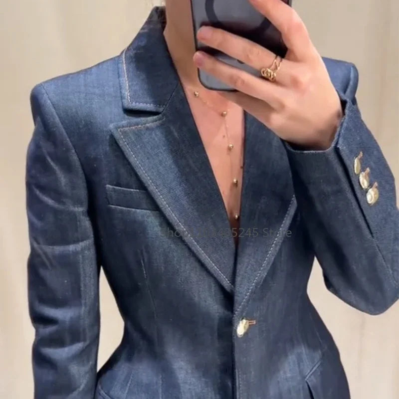 Vintage Denim Pant Sets 3 Pieces For Women Cinched Waist Blazer Strapless Vests Straight Trousers 2025 Jeans High Street Outfits