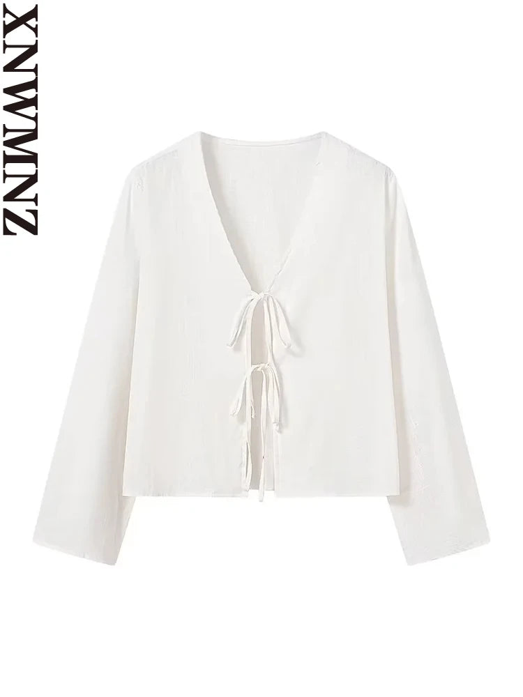 XNWMNZ 2024 Women's Fashion Tie Shirt Women High Street V-neck Long sleeved Casual Versatile Female Chic Top