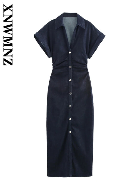 XNWMNZ 2025 Summer Female Party Dresses Midi Skirt Commuting Woman Short Sleeve Top Ruffles Regular Fit Turn-down Collar Dress