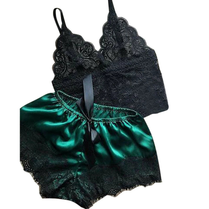 Women Pajama Suit Fashion V-Neck Stretch Satin Babydoll Lace Sexy Lingerie Bowknot Pyjamas Sleep Shorts Set Sleepwear New