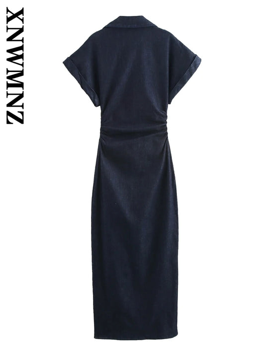 XNWMNZ 2025 Summer Female Party Dresses Midi Skirt Commuting Woman Short Sleeve Top Ruffles Regular Fit Turn-down Collar Dress