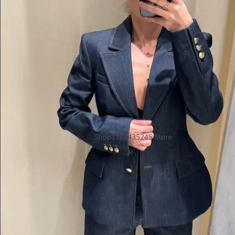 Vintage Denim Pant Sets 3 Pieces For Women Cinched Waist Blazer Strapless Vests Straight Trousers 2025 Jeans High Street Outfits