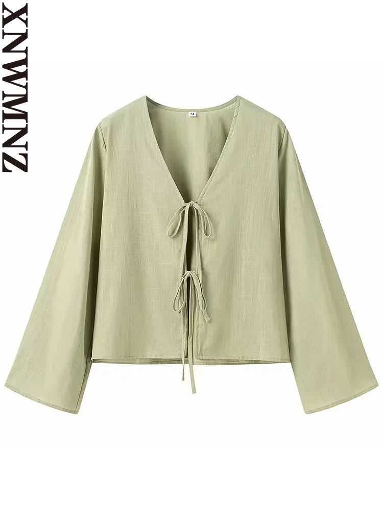 XNWMNZ 2024 Women's Fashion Tie Shirt Women High Street V-neck Long sleeved Casual Versatile Female Chic Top