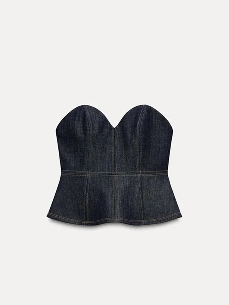 Vintage Denim Pant Sets 3 Pieces For Women Cinched Waist Blazer Strapless Vests Straight Trousers 2025 Jeans High Street Outfits