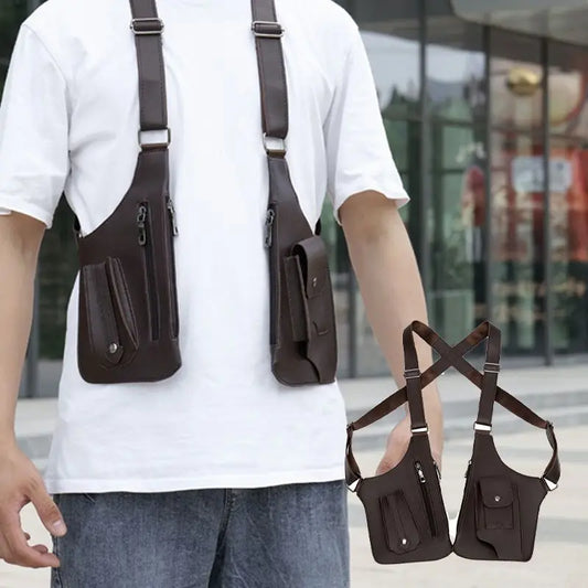 Retro Double Shoulder Strap Multi-pocket Outdoor Anti-theft Tactical Bag Men Crossbody Bags PU Waterproof Phone Bag Chest Bags