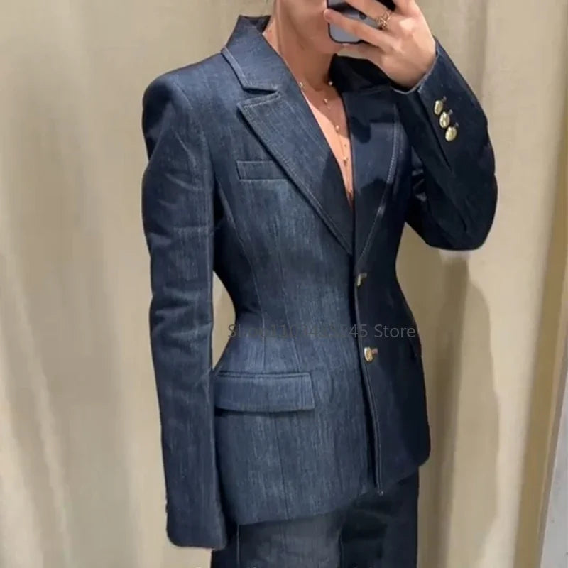 Vintage Denim Pant Sets 3 Pieces For Women Cinched Waist Blazer Strapless Vests Straight Trousers 2025 Jeans High Street Outfits