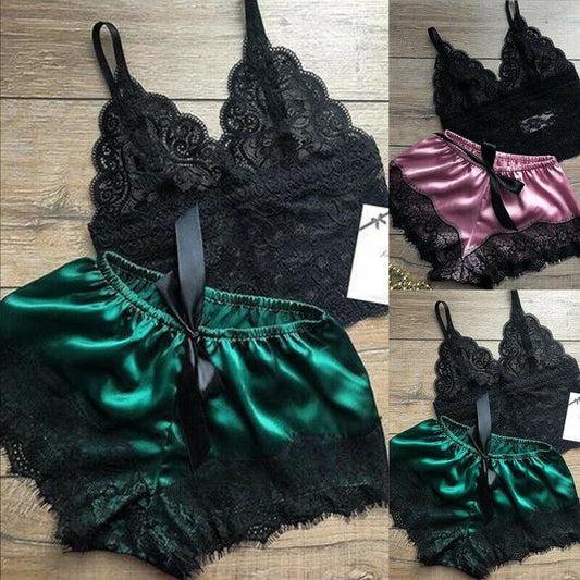 Women Pajama Suit Fashion V-Neck Stretch Satin Babydoll Lace Sexy Lingerie Bowknot Pyjamas Sleep Shorts Set Sleepwear New