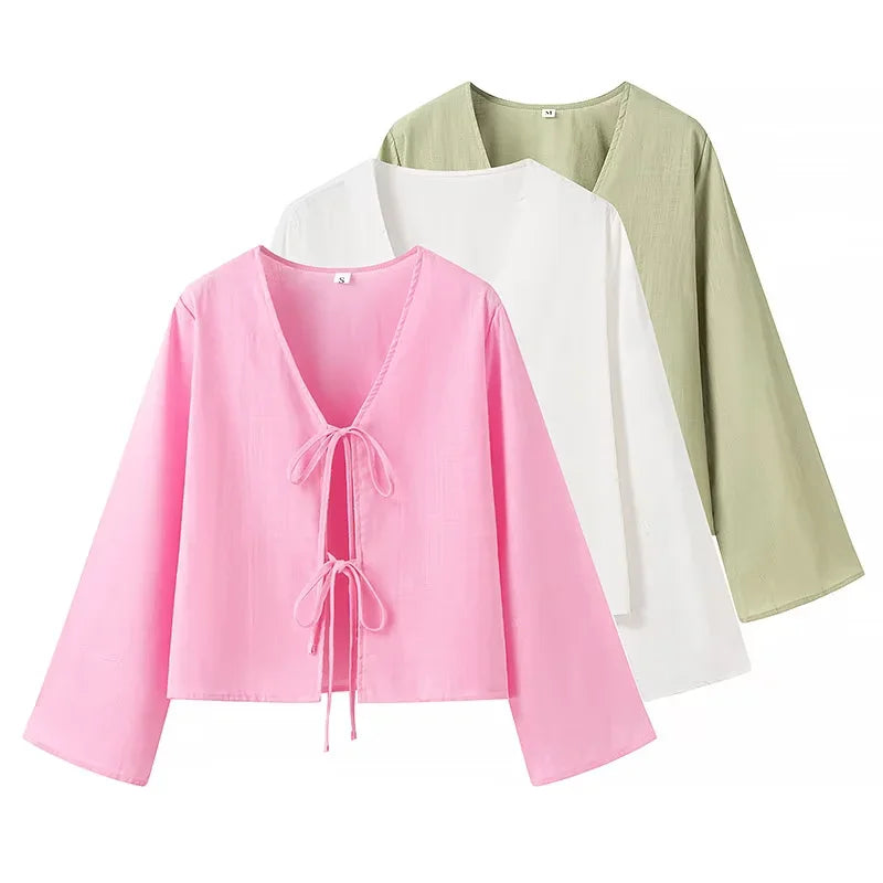 XNWMNZ 2024 Women's Fashion Tie Shirt Women High Street V-neck Long sleeved Casual Versatile Female Chic Top