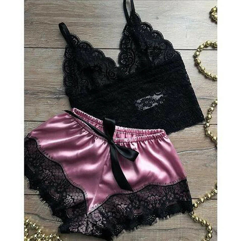 Women Pajama Suit Fashion V-Neck Stretch Satin Babydoll Lace Sexy Lingerie Bowknot Pyjamas Sleep Shorts Set Sleepwear New