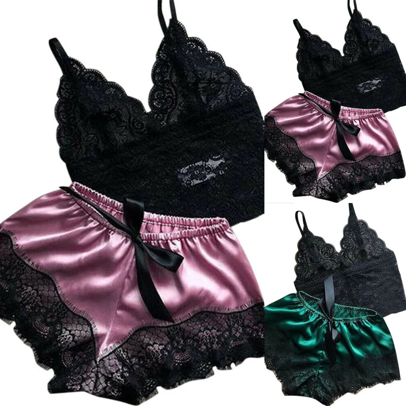 Women Pajama Suit Fashion V-Neck Stretch Satin Babydoll Lace Sexy Lingerie Bowknot Pyjamas Sleep Shorts Set Sleepwear New
