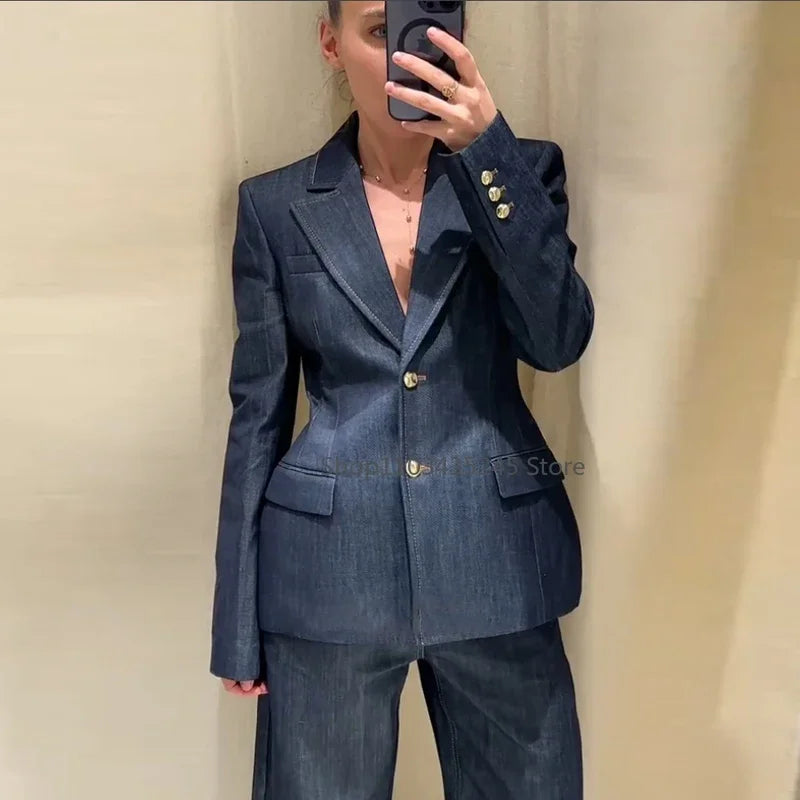 Vintage Denim Pant Sets 3 Pieces For Women Cinched Waist Blazer Strapless Vests Straight Trousers 2025 Jeans High Street Outfits