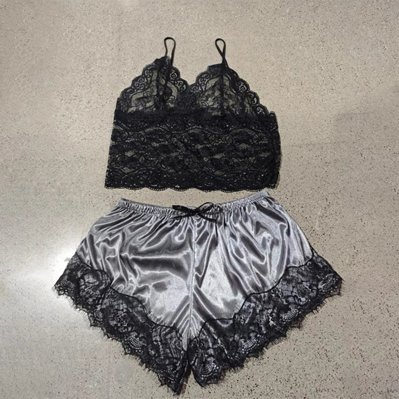 Women Pajama Suit Fashion V-Neck Stretch Satin Babydoll Lace Sexy Lingerie Bowknot Pyjamas Sleep Shorts Set Sleepwear New