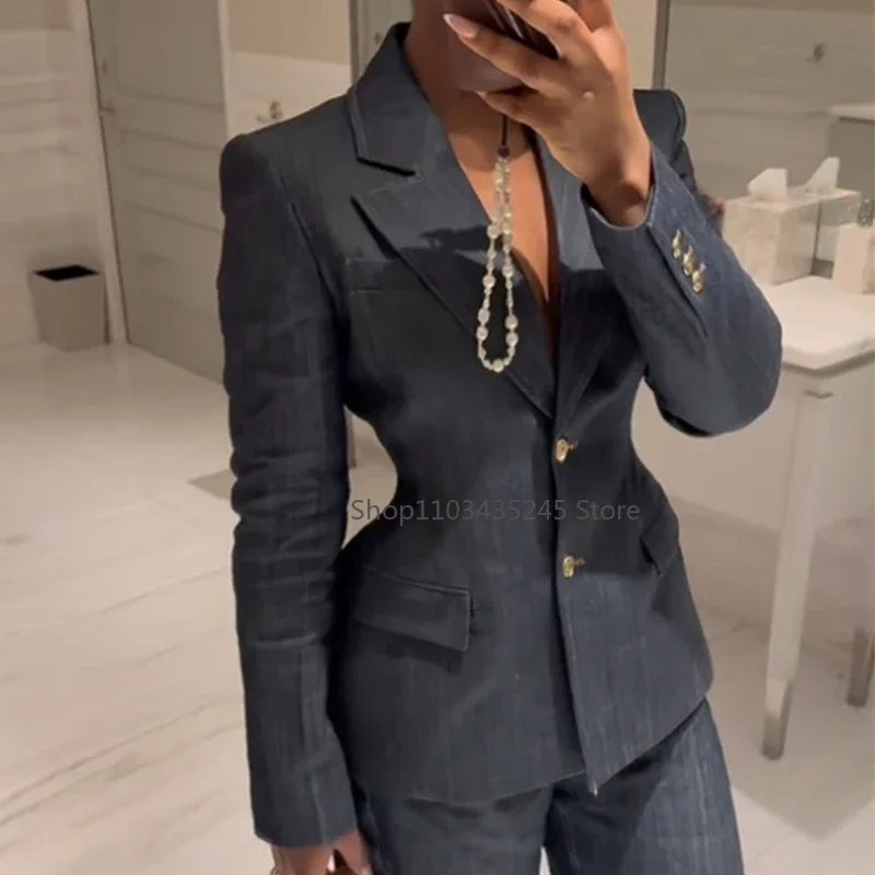 Vintage Denim Pant Sets 3 Pieces For Women Cinched Waist Blazer Strapless Vests Straight Trousers 2025 Jeans High Street Outfits
