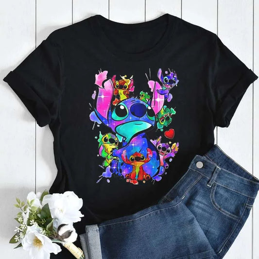 Kawaii Stitch Women's Fashion Top Casual Women's Round Neck T-Shirts Harajuku 90s Cute Stitch Women's Short Sleeves Tops Tees