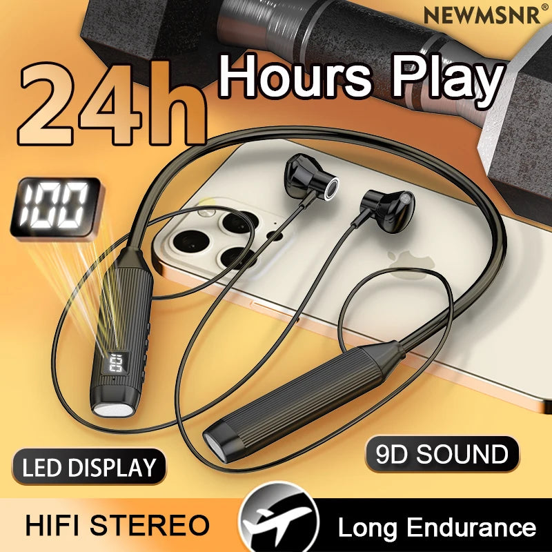 NEWMSNR Super Power Stereo Sound Wireless Headphones Bluetooth Earphones Neckband Magnetic Earbud LED Sports Headset with HD Mic