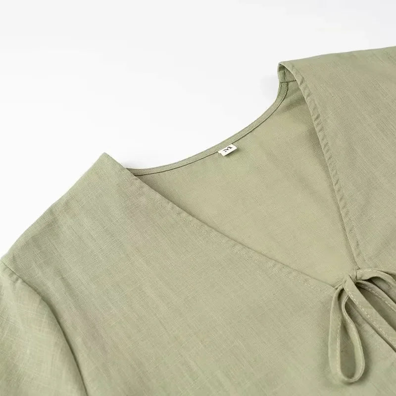 XNWMNZ 2024 Women's Fashion Tie Shirt Women High Street V-neck Long sleeved Casual Versatile Female Chic Top