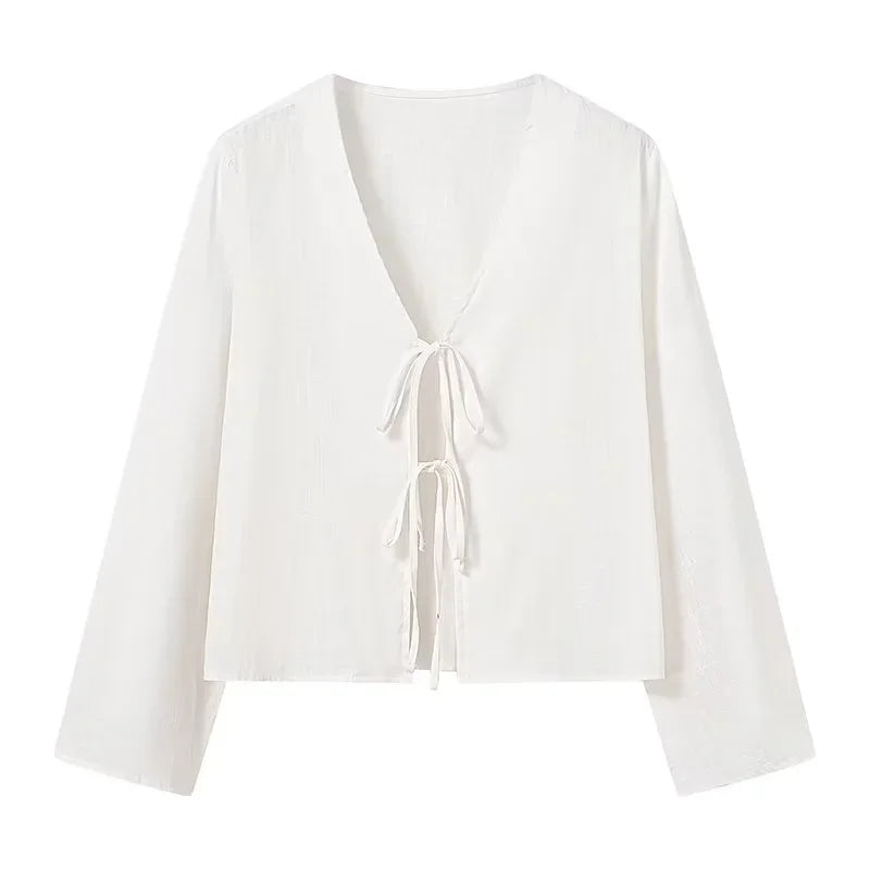 XNWMNZ 2024 Women's Fashion Tie Shirt Women High Street V-neck Long sleeved Casual Versatile Female Chic Top